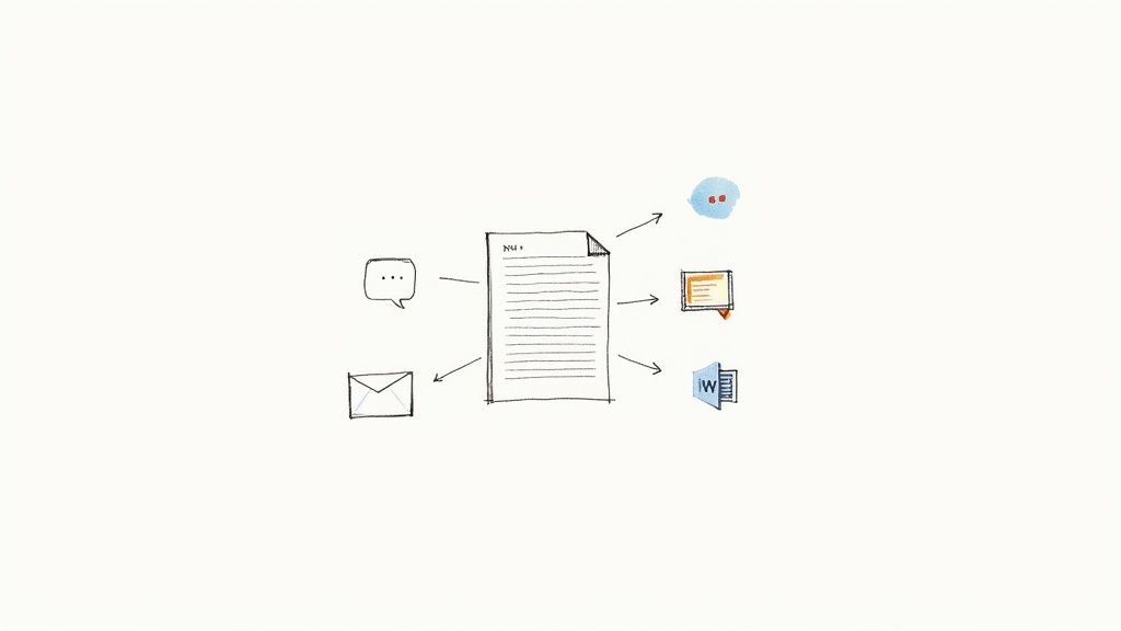 A person at a desk surrounded by a blog post, social media icons, and an email newsletter, all stemming from a central transcript document.