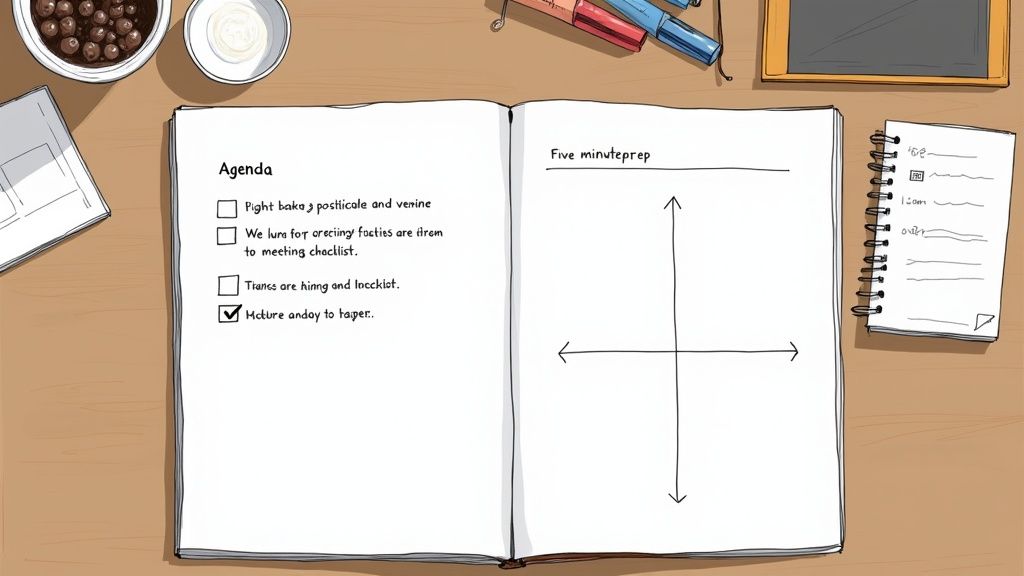 A person preparing their notebook and laptop before a new meeting, signifying readiness to take effective notes.
