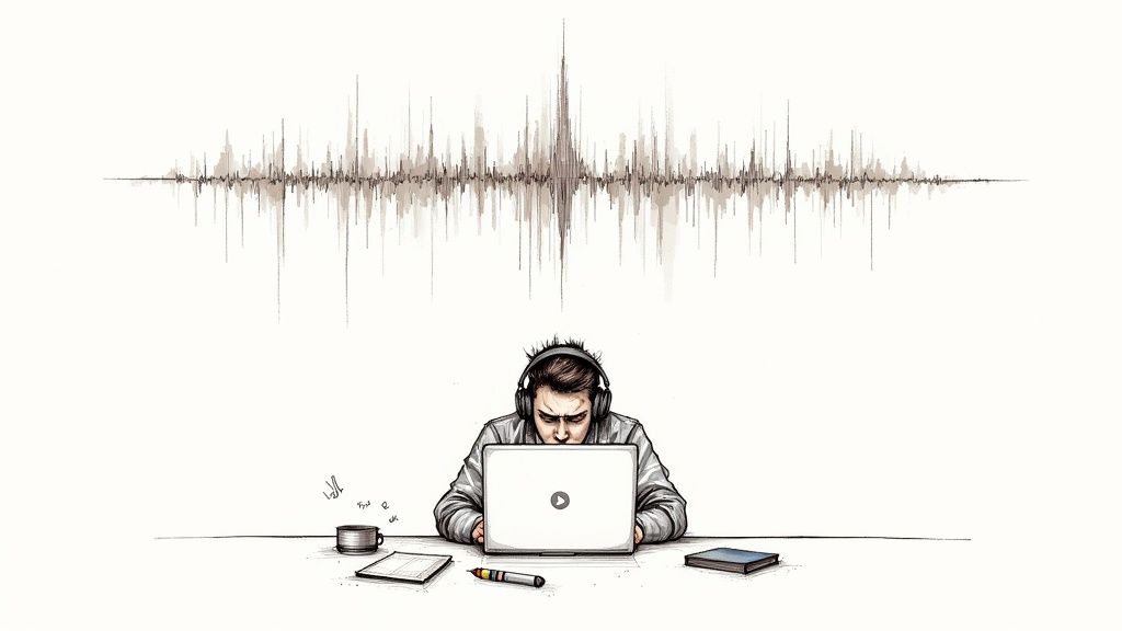 A person looking stressed while transcribing a video manually on their laptop.