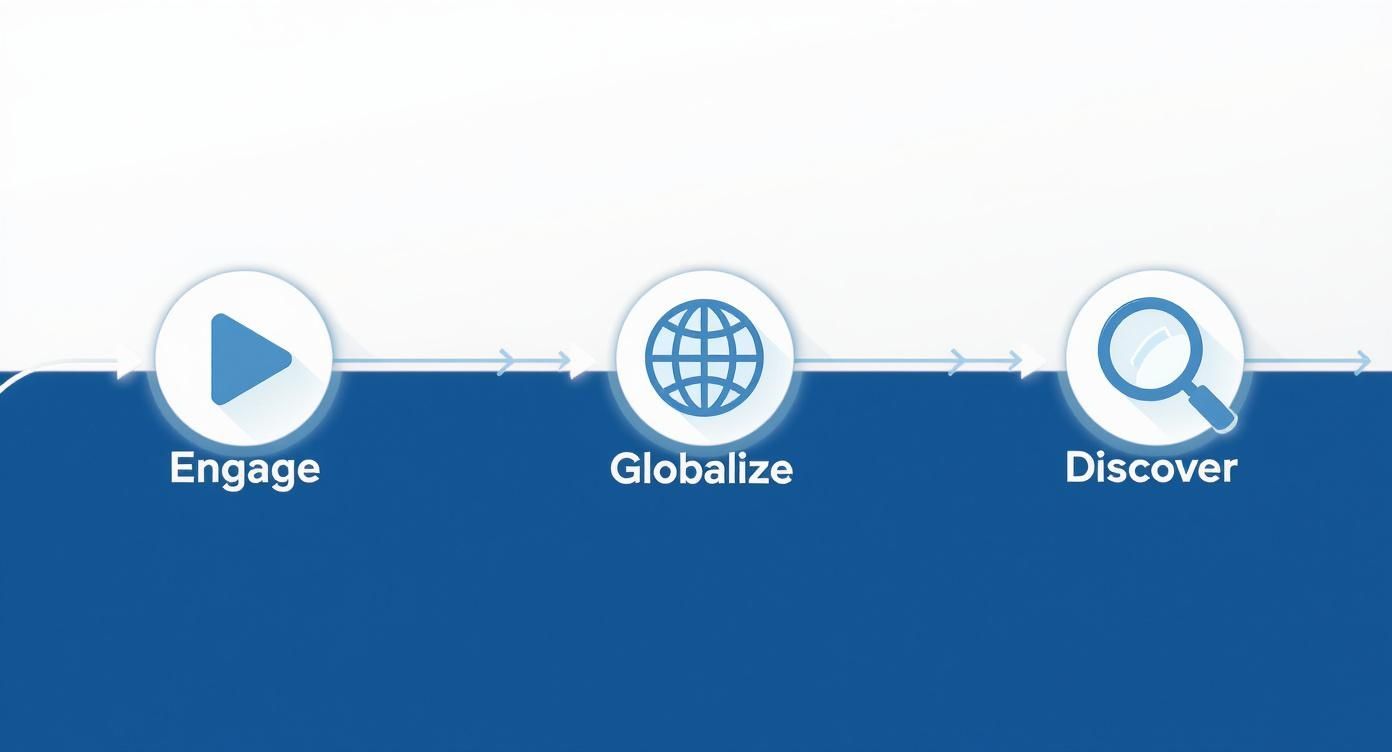 Infographic showing the process flow of subtitle benefits from engaging viewers to globalizing content and improving discoverability.