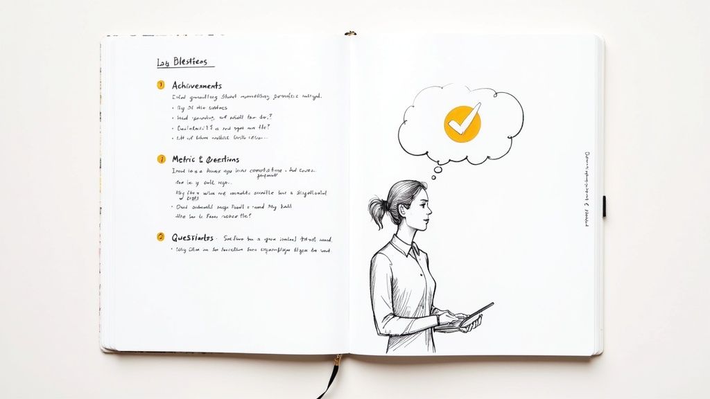 A person at a desk taking notes during a virtual interview, looking prepared and professional.