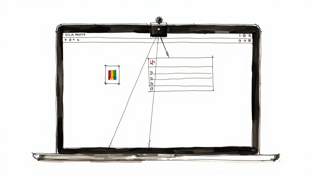 A person at a desk taking notes during a virtual interview, looking prepared and professional.