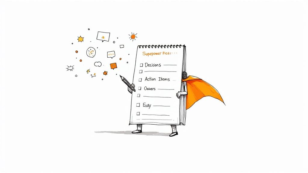 A professional taking notes on a laptop during a meeting, with colleagues visible in the background.