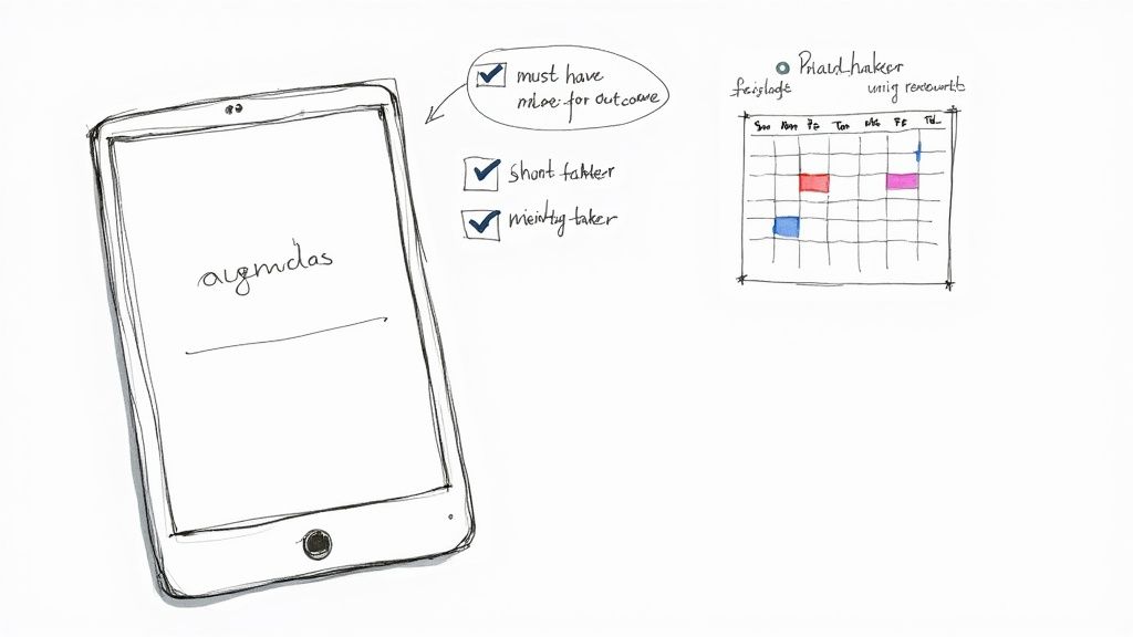 A person preparing for a meeting at a desk with a laptop, notebook, and coffee, looking focused.