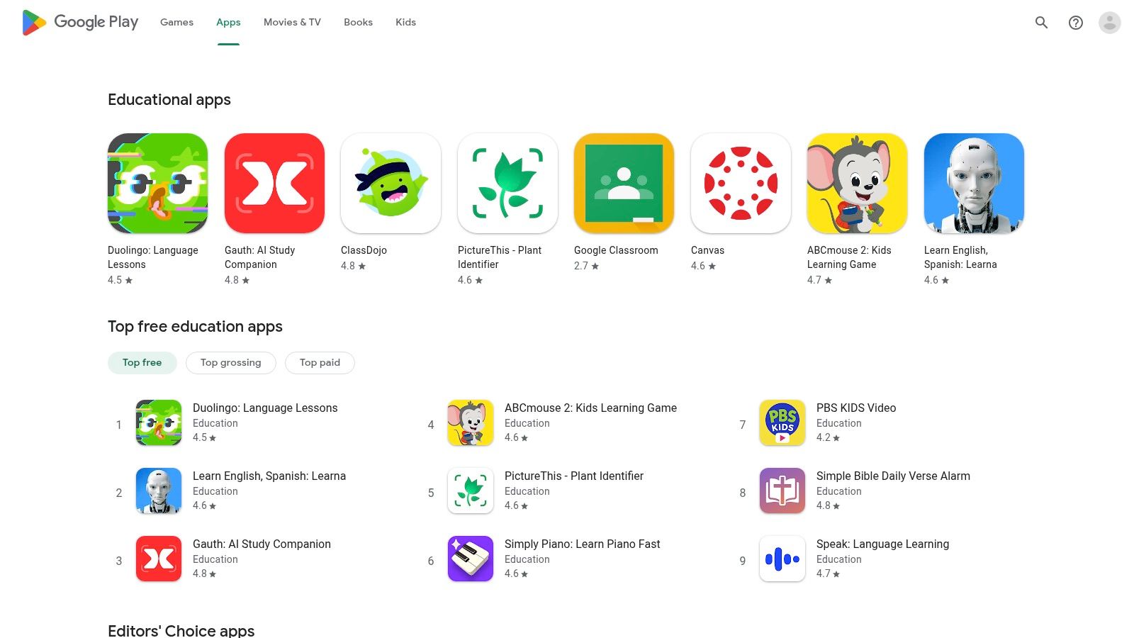 Google Play Store – Education category