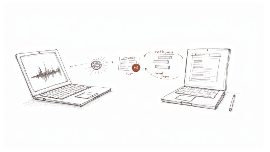 Digital interview process showing audio recording transcription and note-taking workflow between two laptops