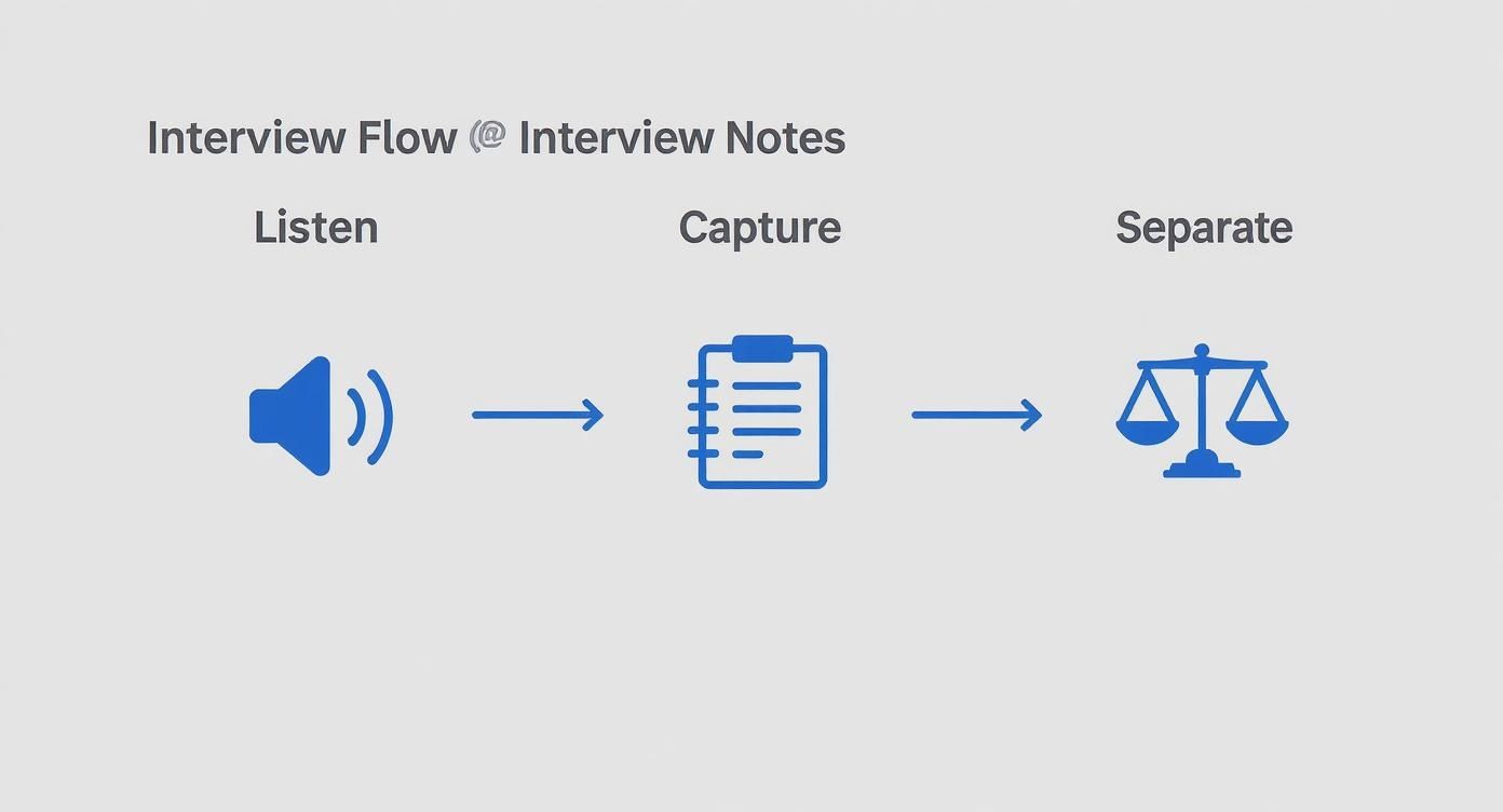 Interview flow diagram showing three steps: listen with speaker icon, capture with notepad, separate with scales