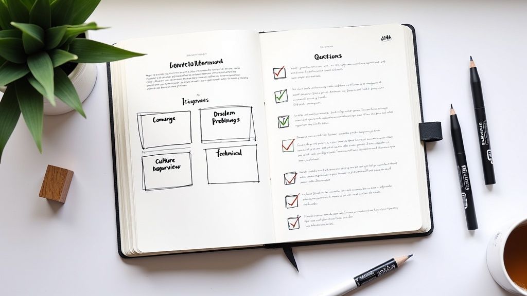 Open notebook showing interview notes with checkboxes, question templates, and organizational framework diagrams
