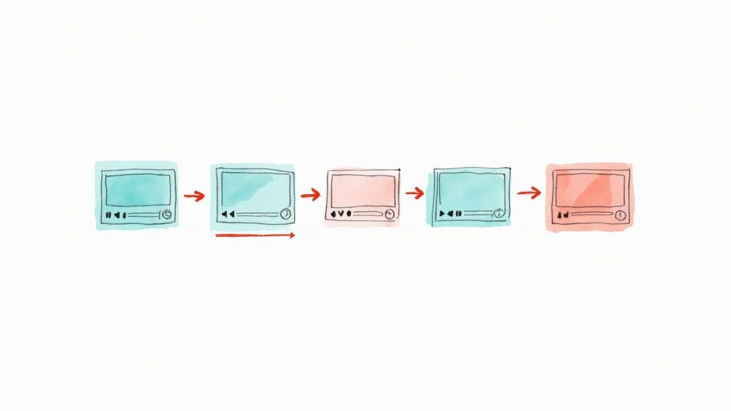 Flow diagram showing five video player interface screens with color transitions from cyan to pink