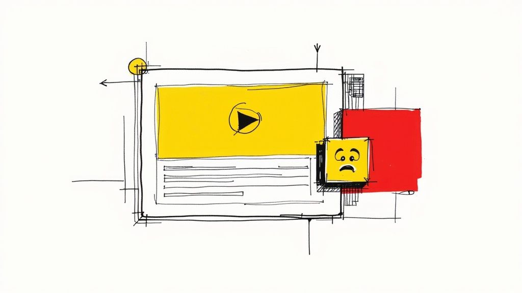 Hand-drawn sketch of YouTube video player interface with yellow screen and sad emoji representing poor video performance