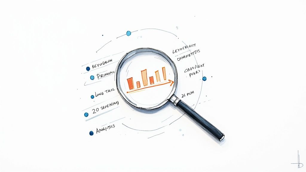 Magnifying glass examining bar chart with SEO keywords like analytics, long-tail, and competitor analysis