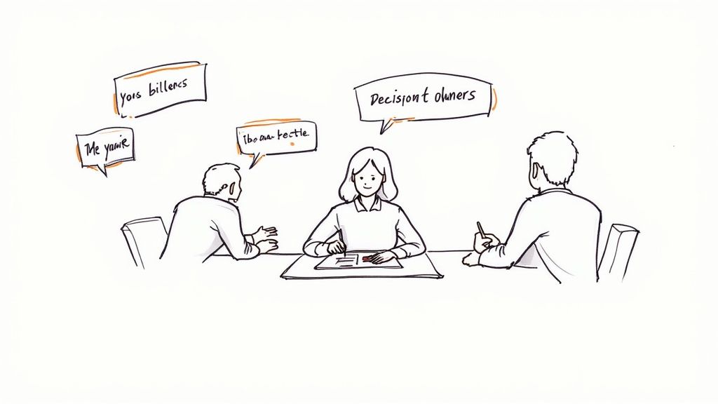 Three people in meeting with speech bubbles showing different note-taking styles and perspectives