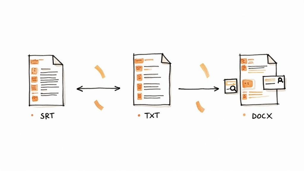 File conversion workflow diagram showing SRT to TXT to DOCX format transformation process