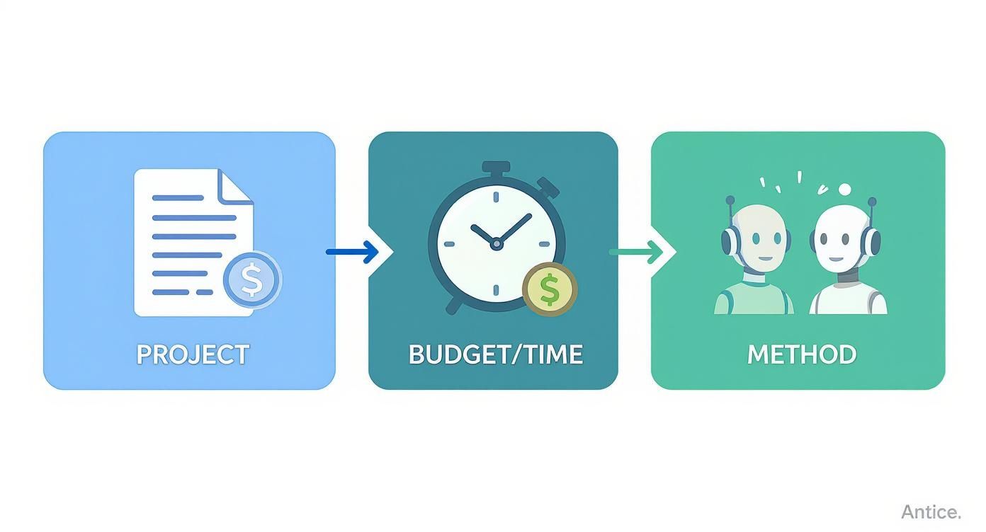 Three-step workflow diagram showing project document, budget and time management, leading to collaborative method