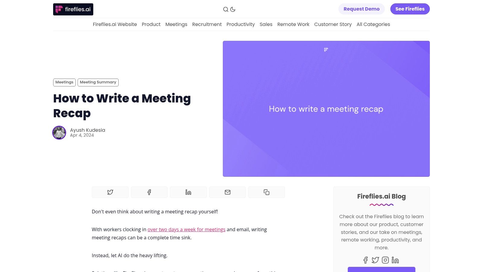Fireflies.ai meeting recap email template blog post