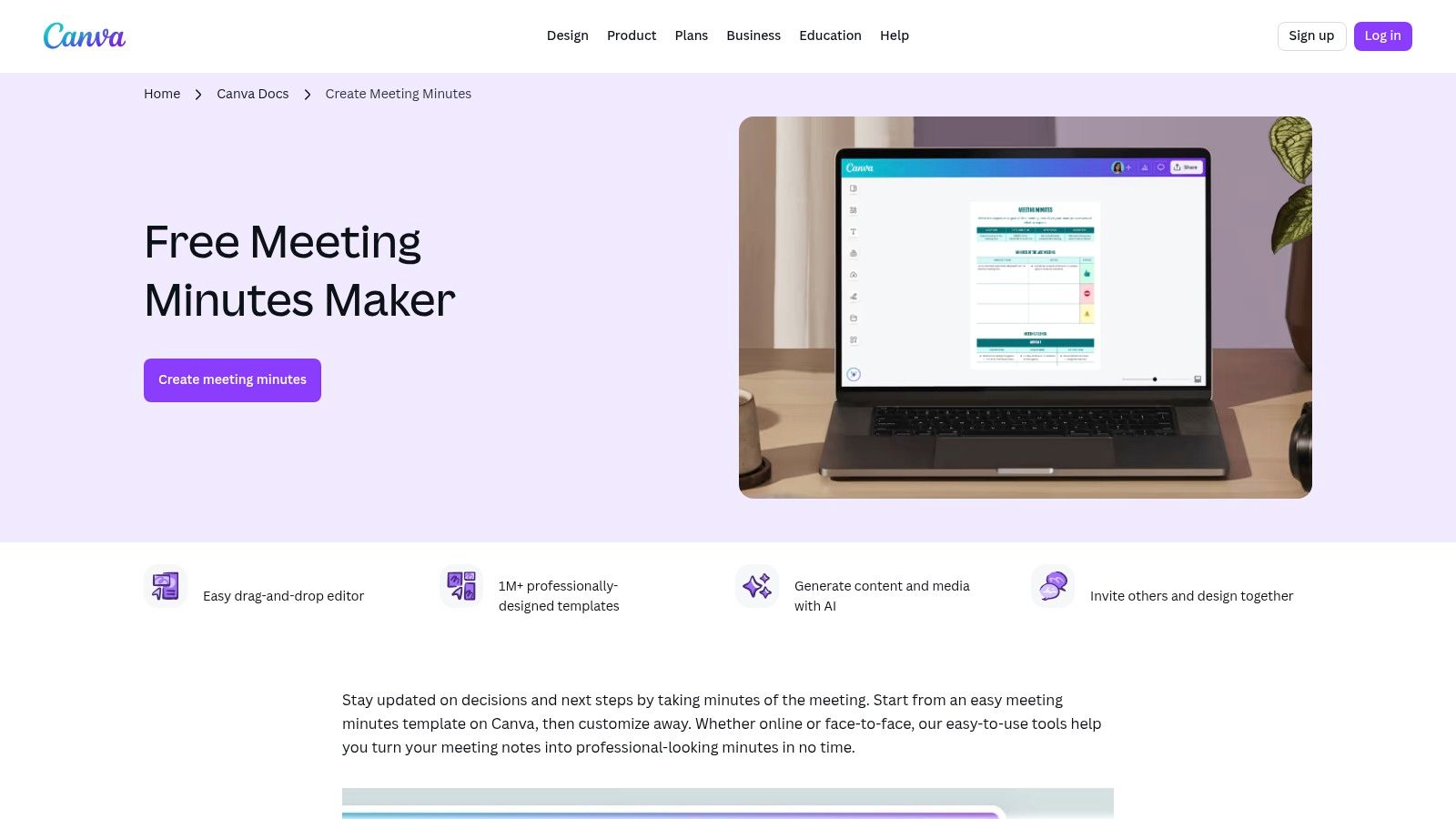 Canva meeting recap email template on laptop
