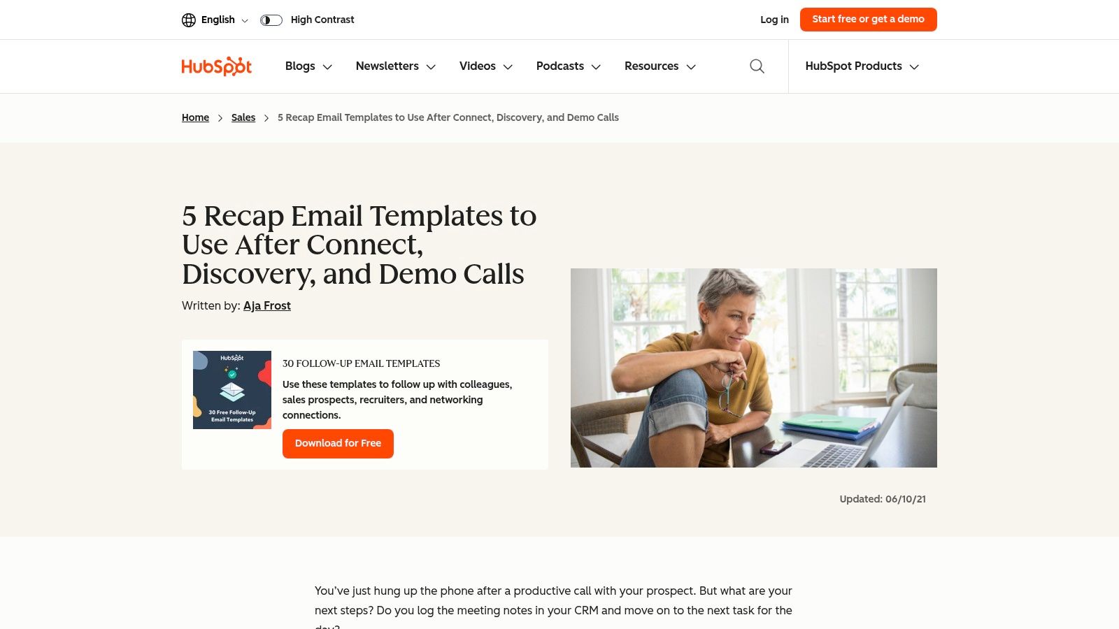 HubSpot meeting recap email template on laptop