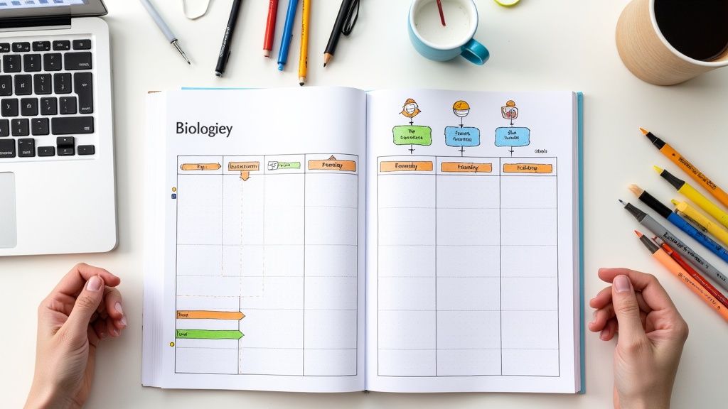Overhead view of a student's desk with an open biology notebook, laptop, and colorful pens.