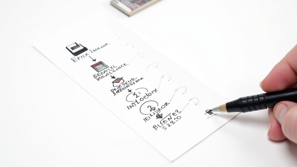 A hand holds a black pen, sketching a process flowchart with text and icons on white paper.