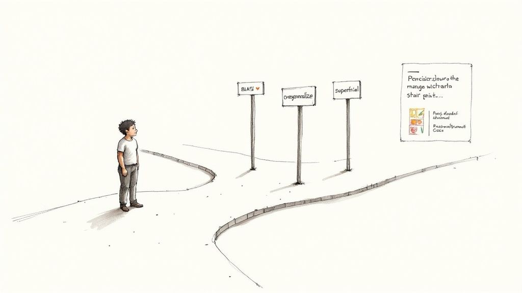 A person stands at a crossroads, contemplating signs for 'BIAS', 'overgeneralize', and 'superficial' research pitfalls.