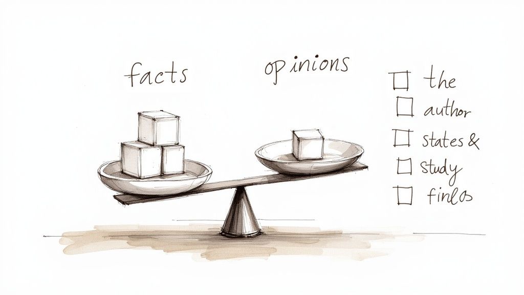 A hand-drawn illustration depicting a scale balancing weighty 'facts' (three cubes) against lighter 'opinions' (one cube).