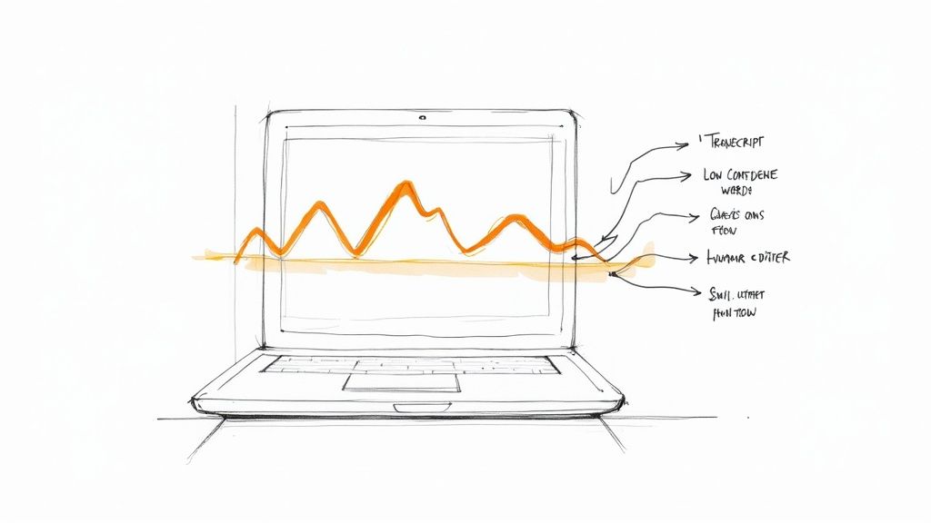 Экран ноутбука с аудиосигналом, иллюстрирующим транскрипцию, слова с низкой степенью уверенности и редактирование человеком.