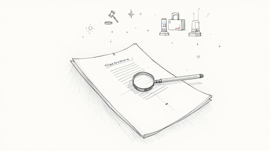 Эскиз документов с текстом «ТРАНСКРИПЦИЯ», увеличительным стеклом и юридическими символами.