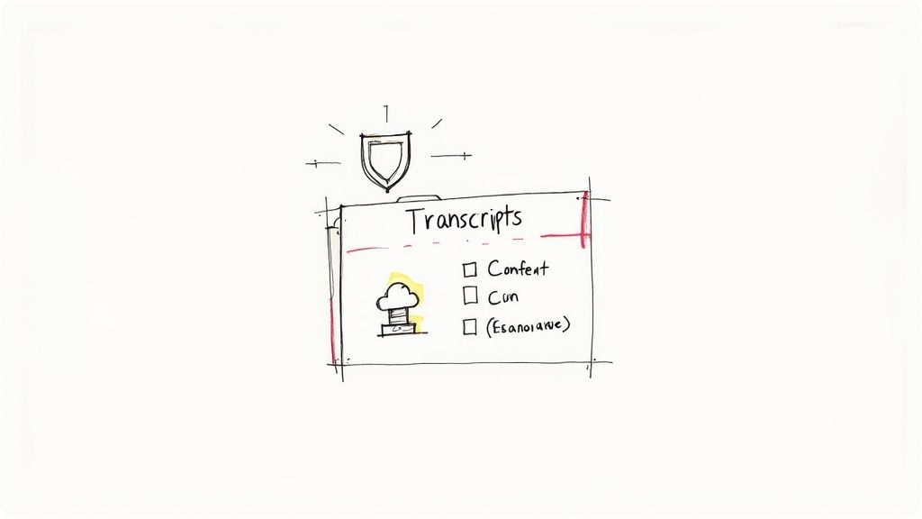 A sketch showing a 'Transcripts' box with a shield, cloud icon, and checkboxes for data security.