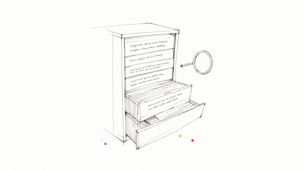 A hand-drawn sketch of a filing cabinet with open drawers, papers, and a magnifying glass.