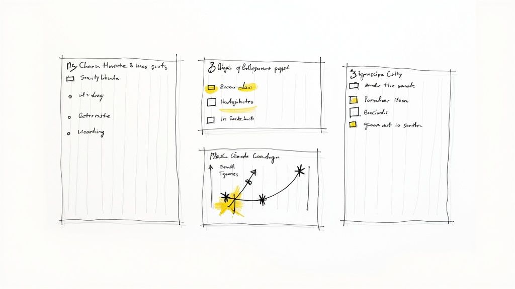 Handwritten notes on a whiteboard with lists, checkboxes, and a simple chart.
