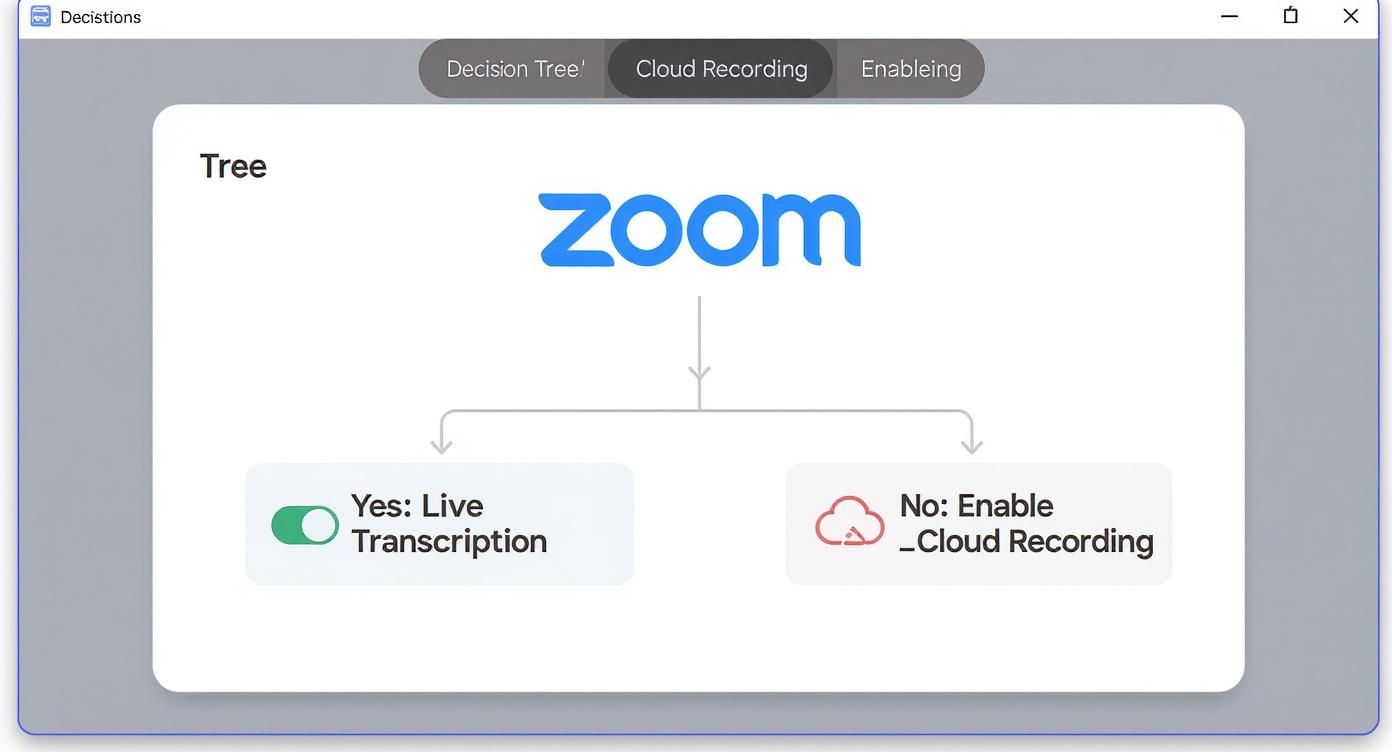 A decision tree in a software UI for Zoom meeting options, showing live transcription and cloud recording choices.