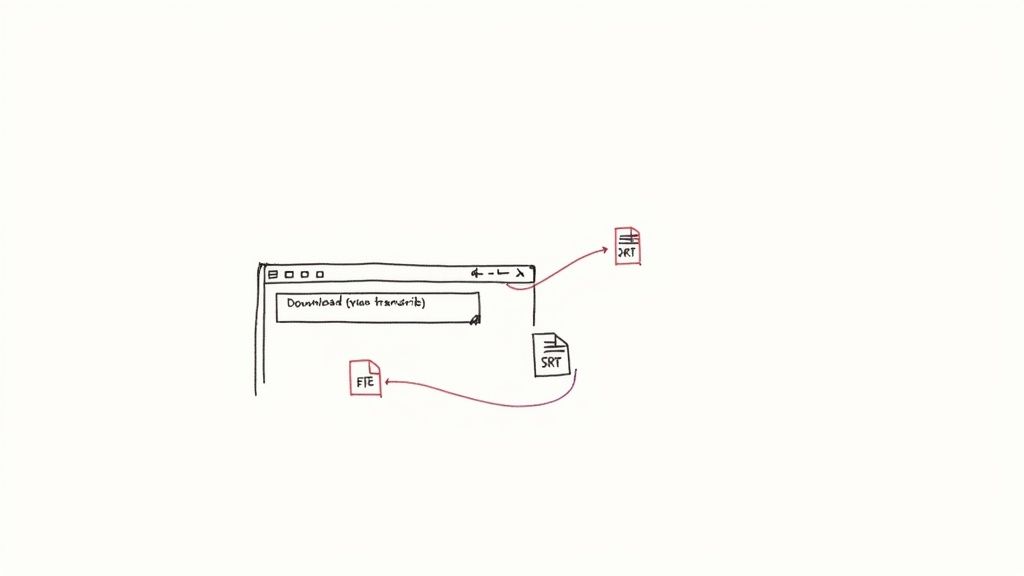 Hand-drawn diagram showing a browser window downloading an SRT transcript, then converting it to an FTE file.