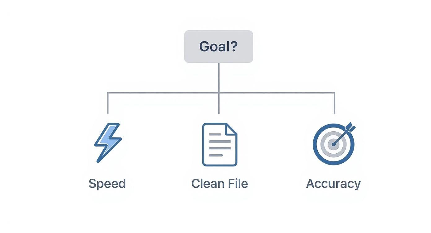 A diagram showing a central 'Goal?' question leading to three objectives: Speed, Clean File, and Accuracy.