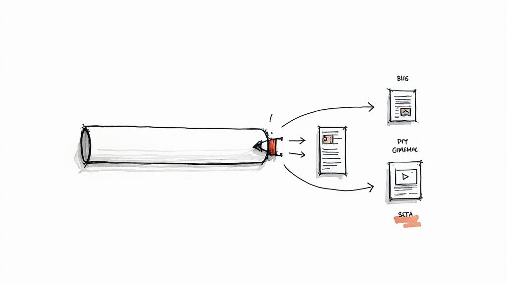 Иллюстрация, изображающая один источник контента, который перепрофилируется в различные форматы, такие как записи в блогах, электронные письма и видео.