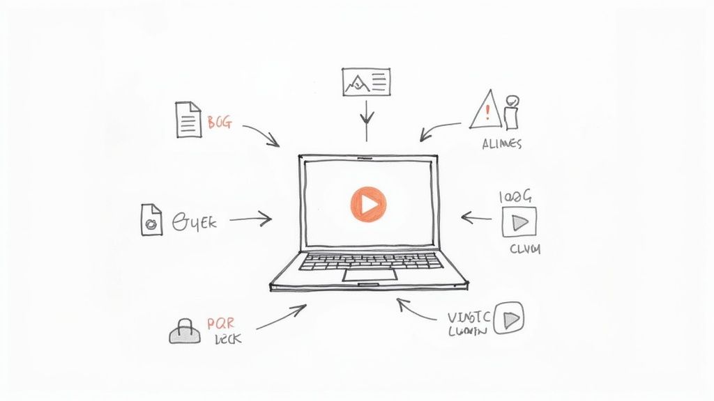 Иллюстративная схема ноутбука, обрабатывающего различные форматы контента и данные из нескольких источников.