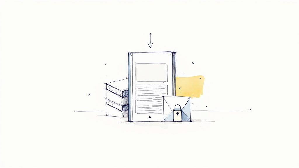 Эскиз документа со стрелкой загрузки, сложенными книгами и запертым конвертом.