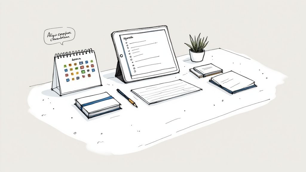A hand-drawn desk setup with a calendar, agenda on a tablet, notebooks, pen, and a plant.