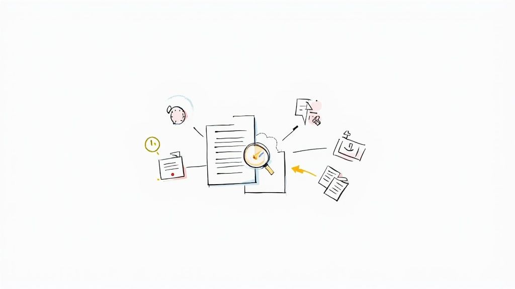 A sketch visualizing document review and information management process with magnifying glass, clock, and multiple files.
