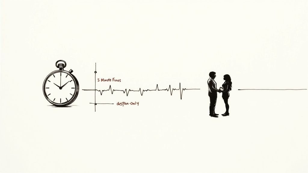 A drawing of a stopwatch, a focus graph with '5 Minute Focus', and a couple holding hands.