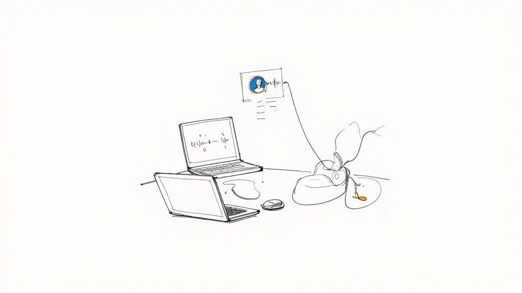 Sketch of a desk with two laptops, a mouse, and an earbud connected to a screen displaying audio.