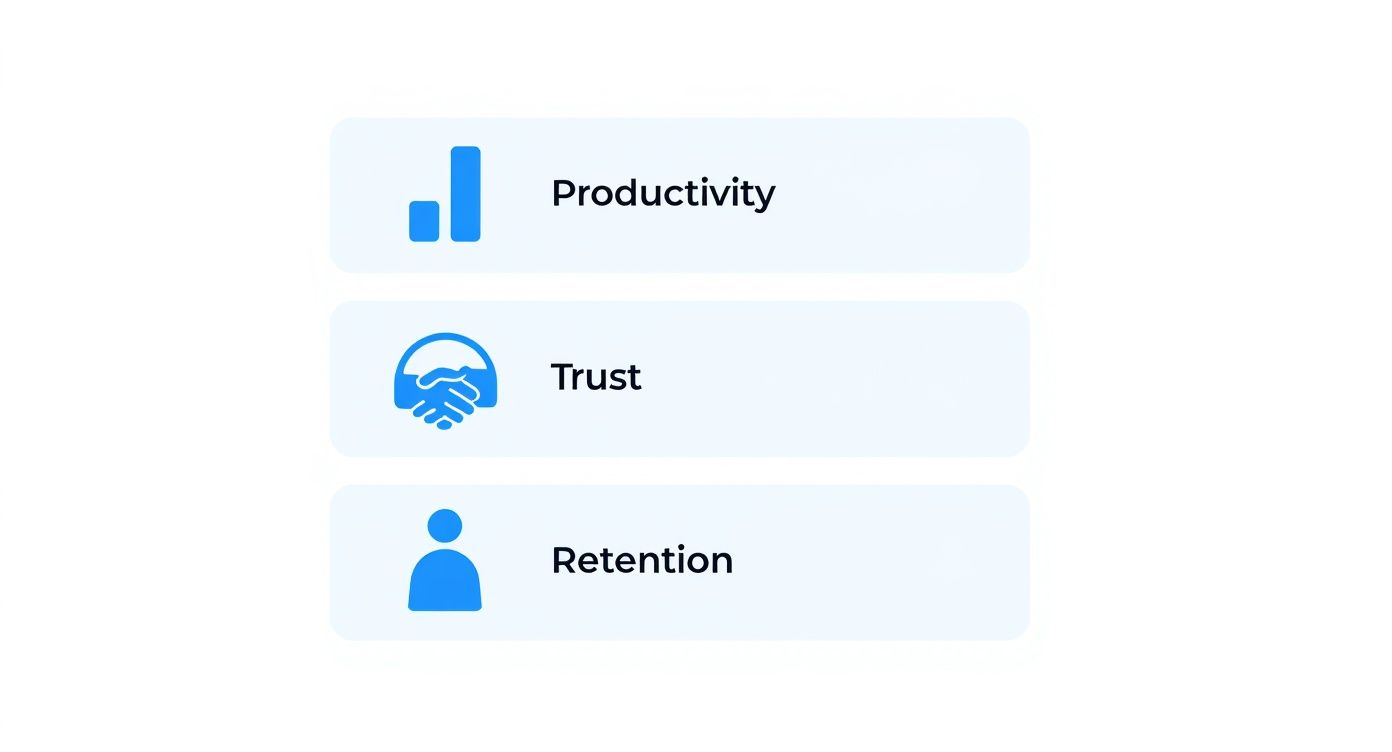 A list of three key business metrics: Productivity, Trust, and Retention, each with an icon.