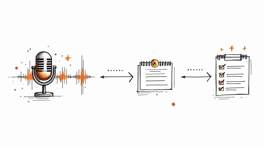 Hand-drawn illustration of audio waves from a microphone converting to text on a notepad, then a checklist.