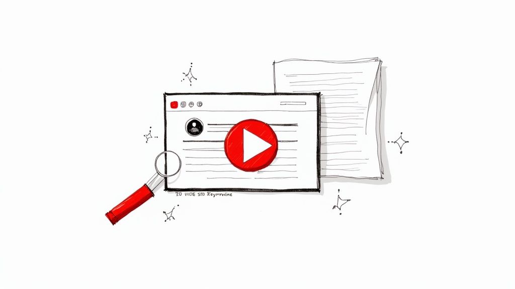 Illustration of a web browser playing a video, a magnifying glass, and documents, symbolizing video analysis or transcript generation.