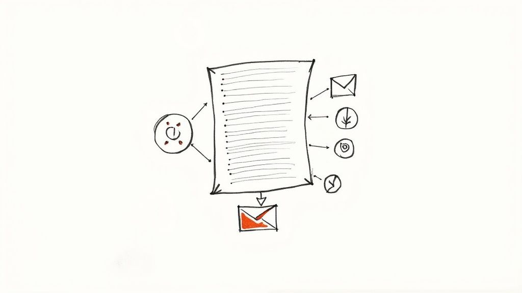 Hand-drawn diagram illustrating a document processing workflow with various inputs and an orange email output.