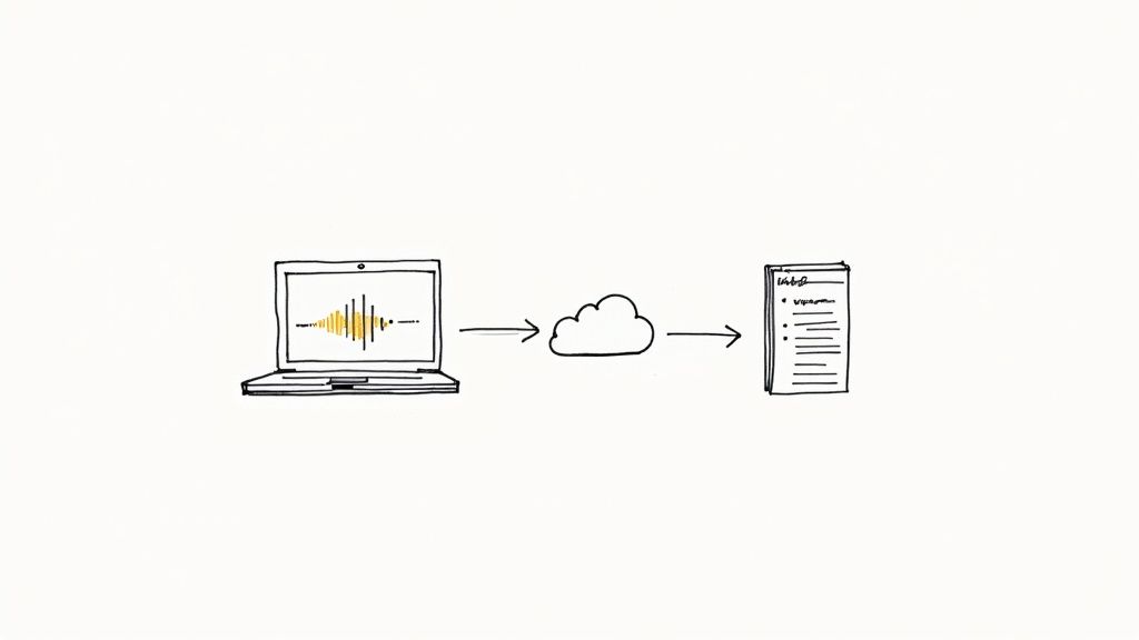 A drawing depicts audio on a laptop flowing through a cloud service to a text document, illustrating transcription.