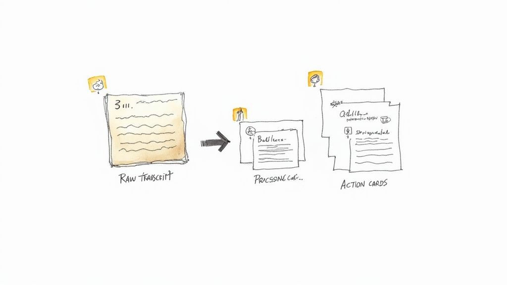 A hand-drawn diagram illustrating the conversion of raw transcripts into action cards through processing.