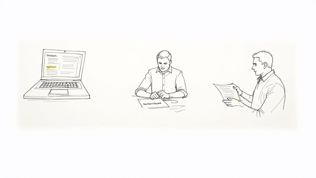 Illustrations of a laptop displaying a decision, and two men reviewing documents and evidence.