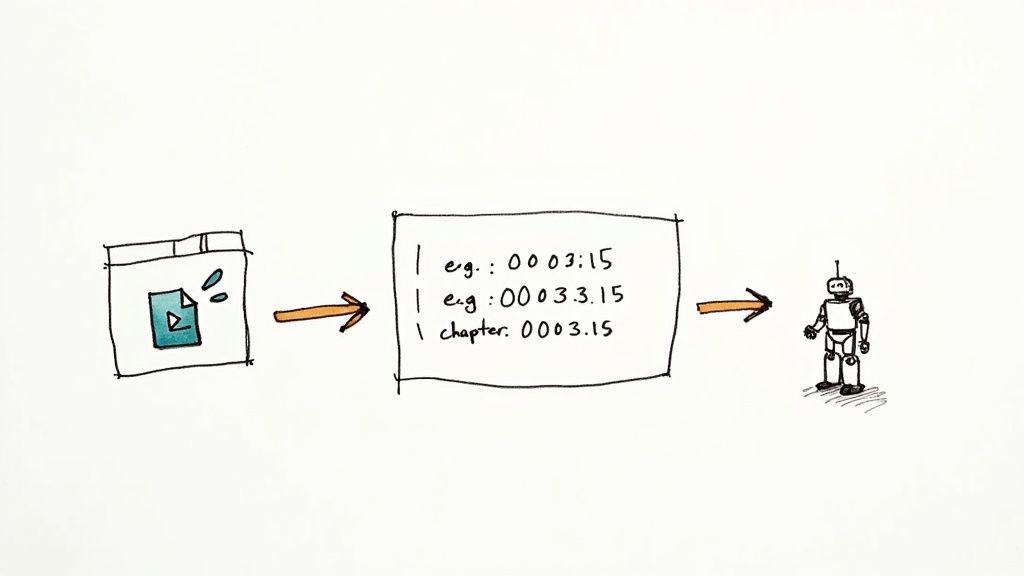 Диаграмма, иллюстрирующая обработку видеофайла с преобразованием его во временные метки, а затем автоматизацию этим процессом роботом.