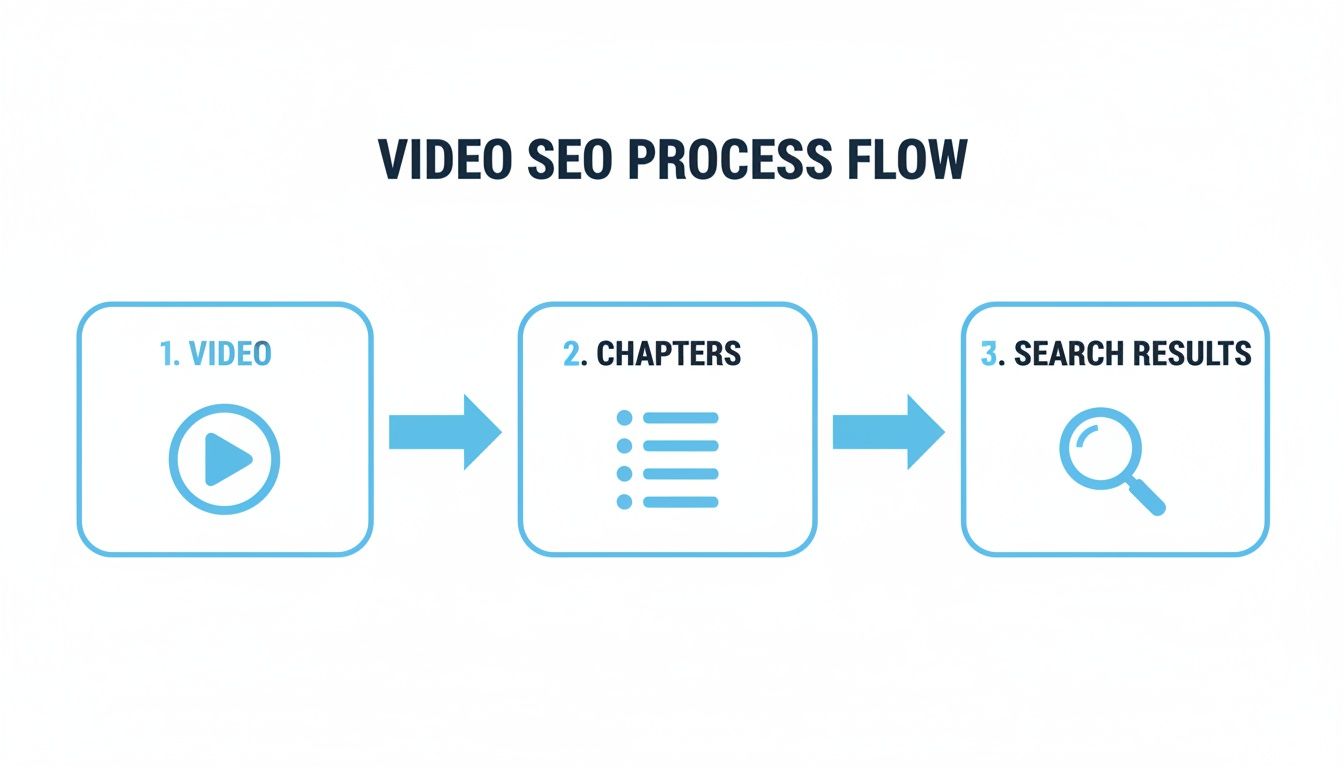 Блок-схема, иллюстрирующая процесс SEO-оптимизации видео: от создания видео и добавления глав до появления в результатах поиска.