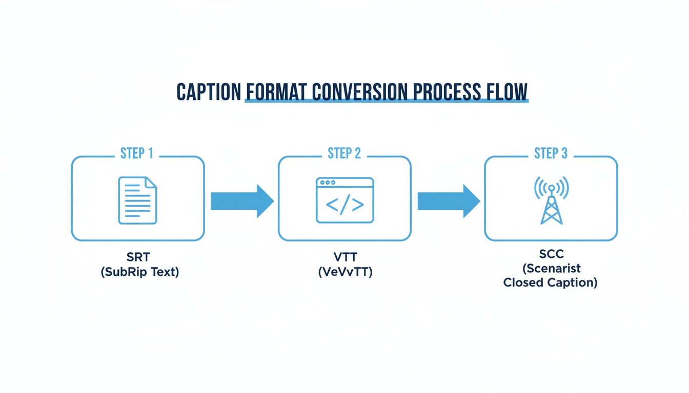 A three-step diagram showing the caption format conversion process from SRT to VTT to SCC.